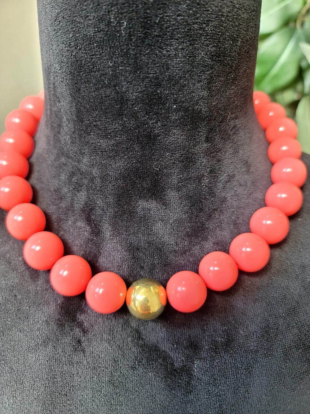 Lightweight Red Plastic Beaded Necklace & Matching Bracelet Gold Tone Accent Set